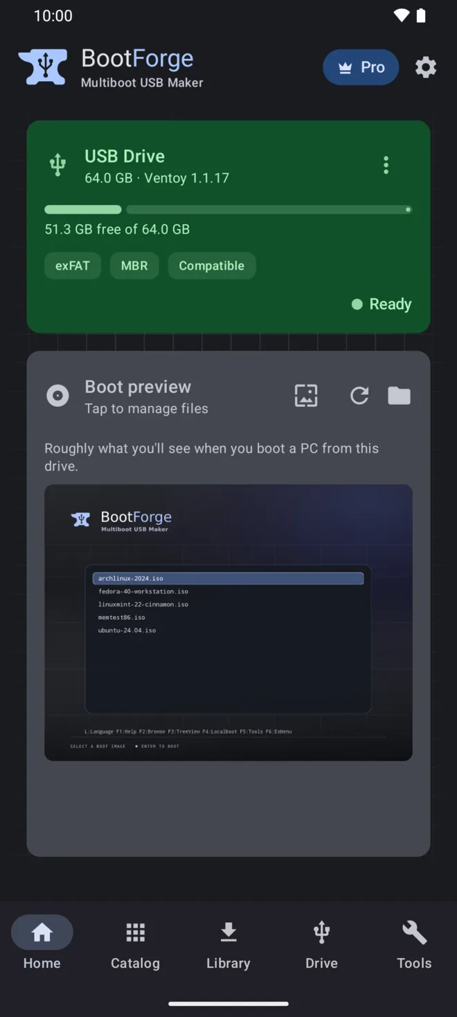 The BootForge home screen with a 64 GB Ventoy drive connected, showing 51.3 GB free, exFAT and MBR badges, and a preview of the boot menu.