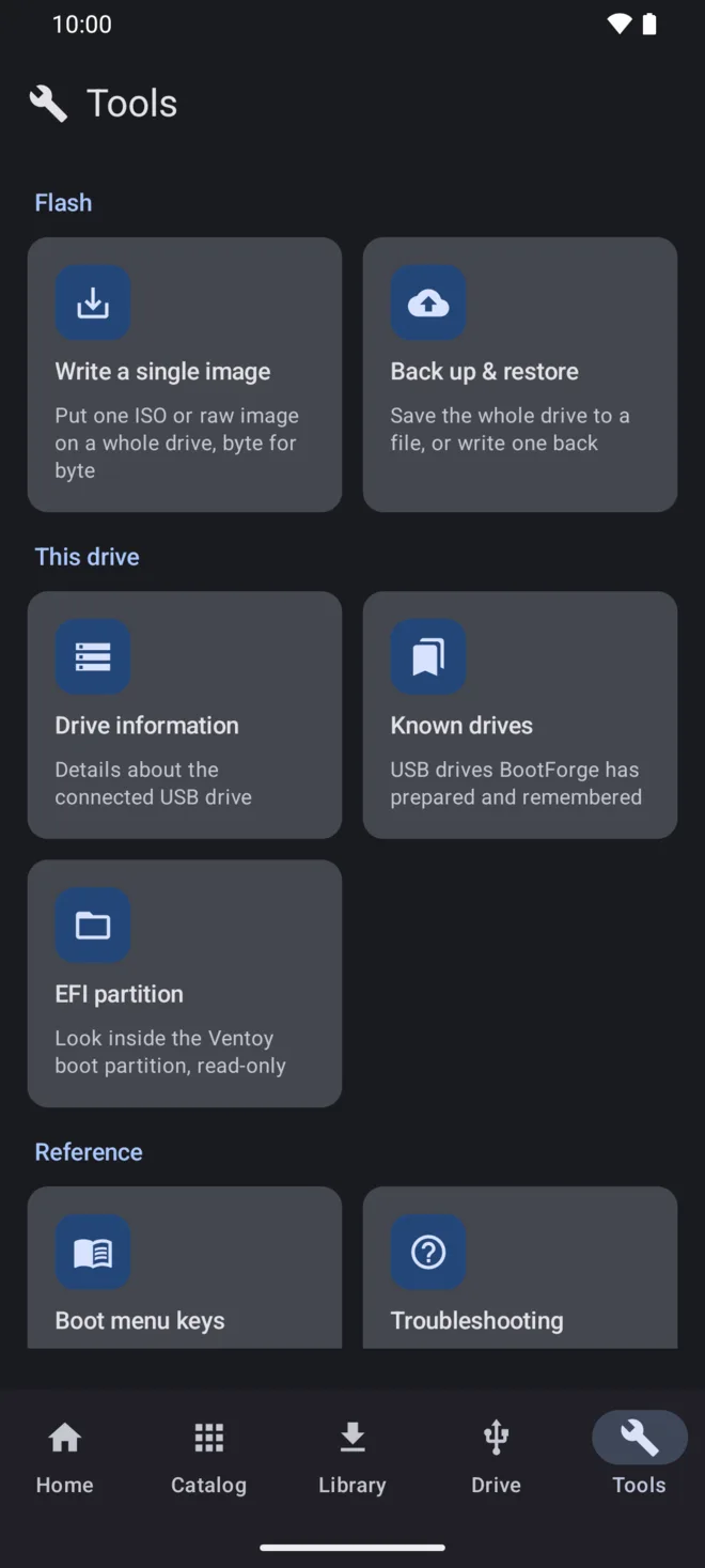 The Tools screen: write a single image and back up & restore under Flash, then drive information, known drives and the read-only EFI partition under This drive.