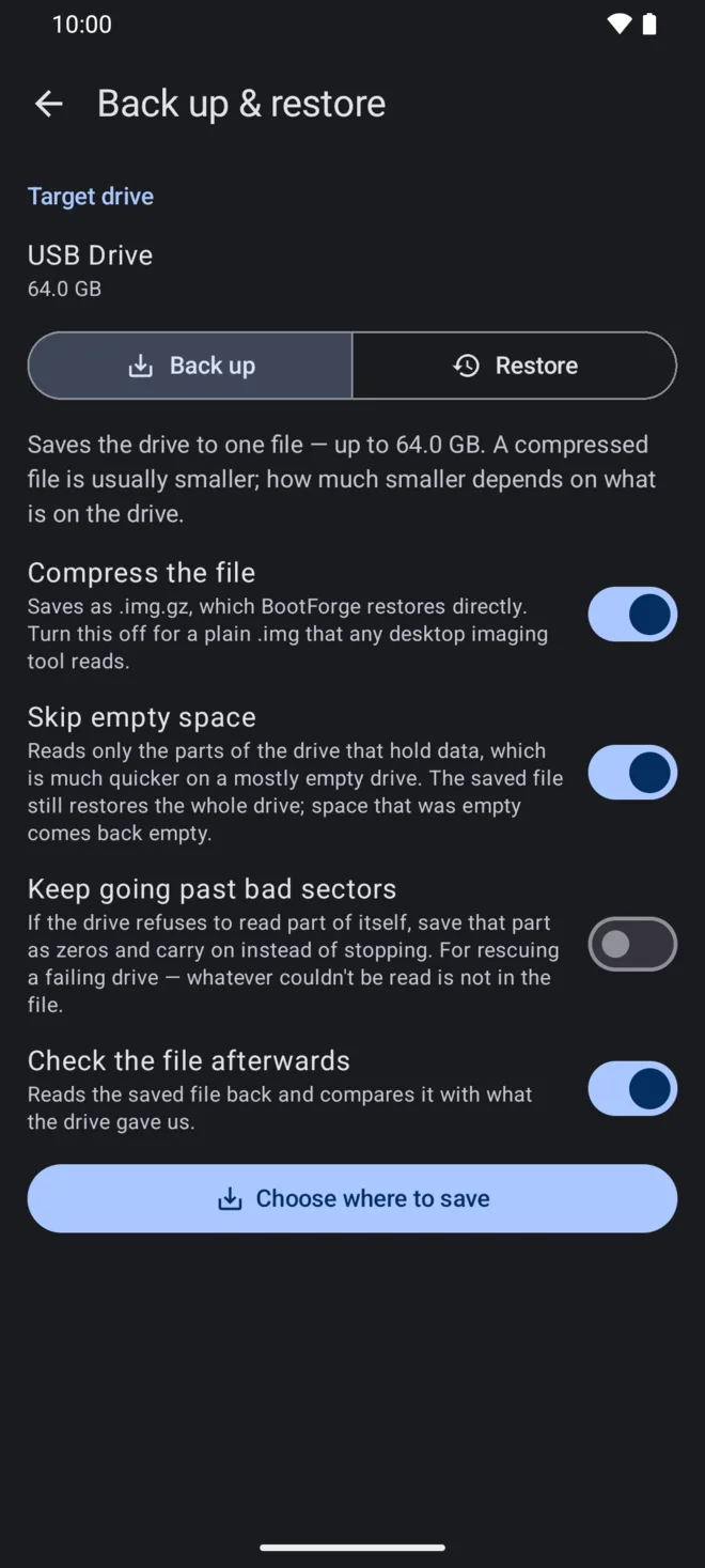 The Back up & restore screen for a 64 GB drive, with switches to compress the file, skip empty space, keep going past bad sectors, and check the file afterwards.
