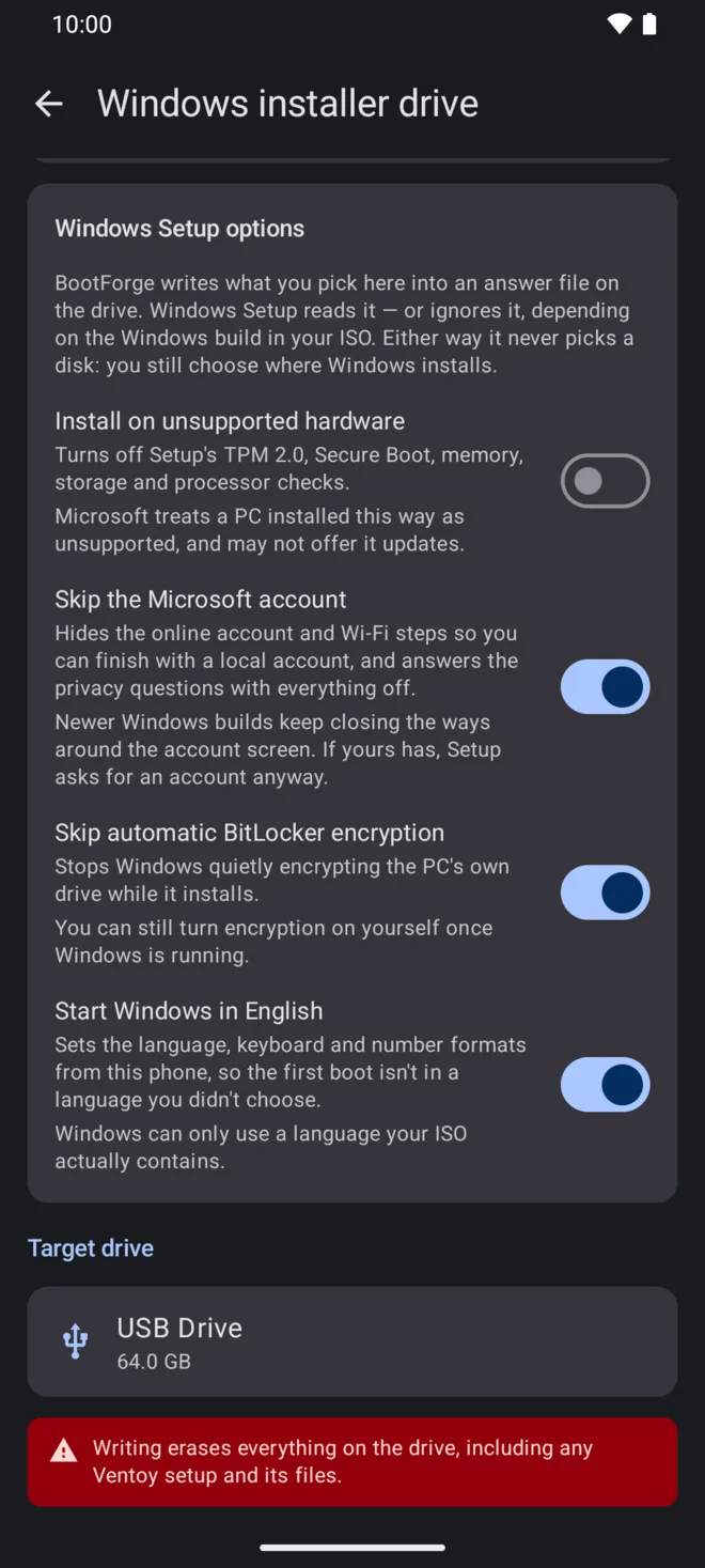 Windows Setup options for an installer drive, with skip the Microsoft account, skip automatic BitLocker encryption and start Windows in English switched on, above a warning that writing erases the drive.