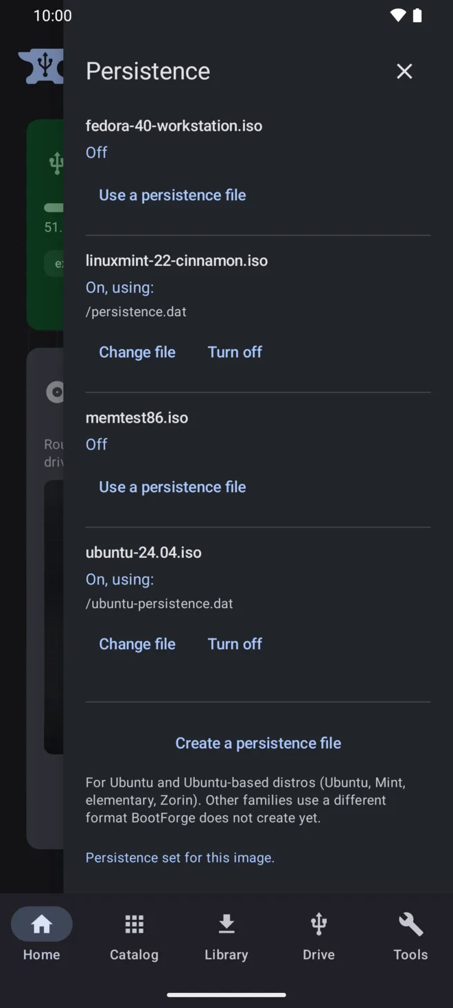 The Persistence sheet listing four images on the drive, two of them paired with persistence files, and an option to create a new file for Ubuntu-based distros.