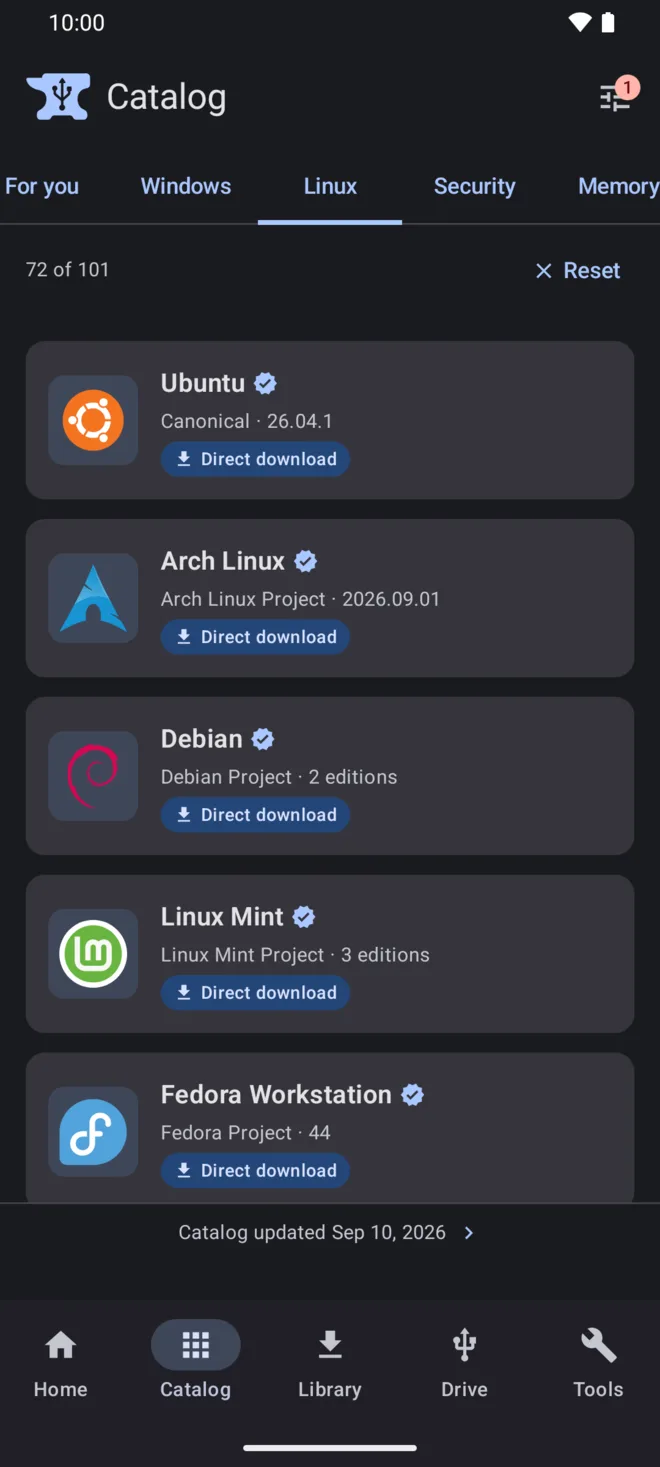 The catalog's Linux tab listing Ubuntu, Arch Linux, Debian, Linux Mint and Fedora Workstation, each with a verified publisher badge and a direct download.