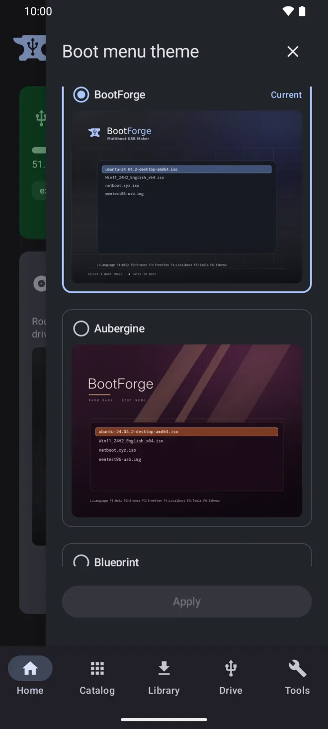The boot-menu theme picker showing the free BootForge theme selected and the Aubergine theme below it, each with a preview of the menu.